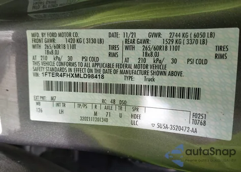 2021 Ford Ranger Xlt из США, поврежденный, VIN 1FTER4FHXMLD98418